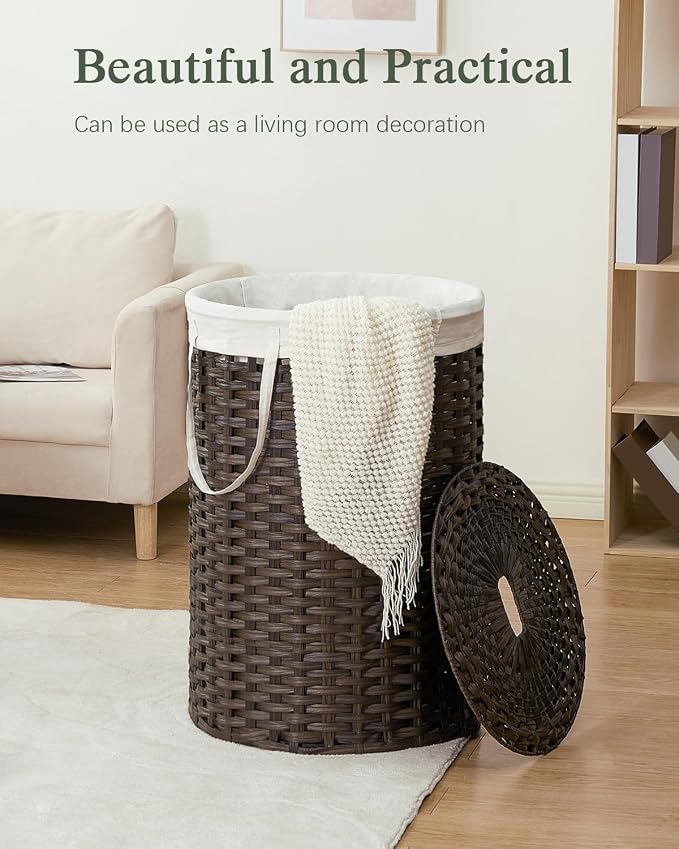 SETVSON Large Laundry Hamper Laundry Basket, Round PE Rattan, Brown | 130L Extra Large Handwoven Basket, Open Top, Removable Washable Liner Bag, 2 Mesh Laundry Bags, Side Long Handles - Image 7