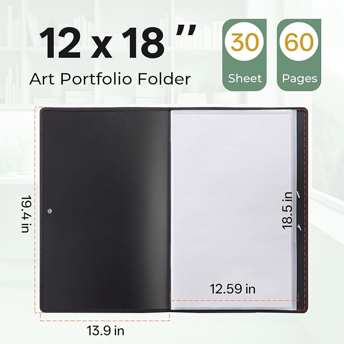 Nicpro 12x18 Art Portfolio Folder, 30 Pockets Art Painting Portfolio Binder | Display 60 Pages, Clear Plastic Sleeves, Presentation Storage Book for Artists Artwork Drawing, Black - Image 2