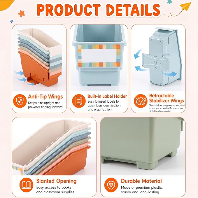 Geetery 12 Pack Non-Tip Book Bins with Stabilizer Wings Multicolor Plastic Storage Organizers Color Code Organization for Home Office Desktop Library Shelves Document Magazine File Holder (Earth Tone) - Image 3