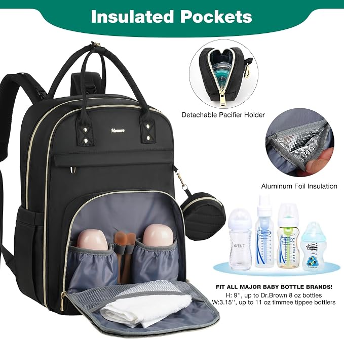 Diaper Bag Backpack, Quilted Baby Bag with Changing Pad and Stroller Straps, Dark Black - Image 3
