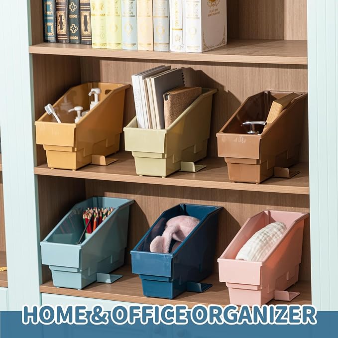 Geetery 12 Pack Non-Tip Book Bins with Stabilizer Wings Multicolor Plastic Storage Organizers Color Code Organization for Home Office Desktop Library Shelves Document Magazine File Holder (Boho) - Image 5
