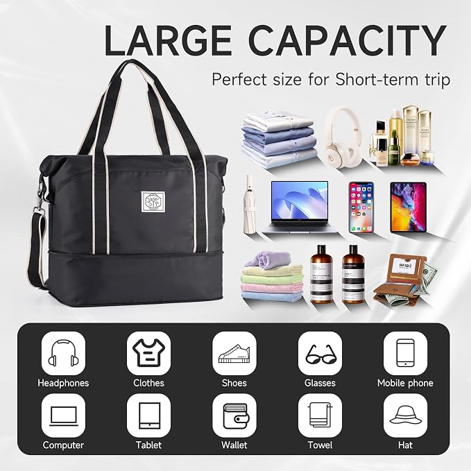 WALNEW Travel Duffel Bag, Weekender Overnight Carry On Bag for Women Men, Foldable Waterproof Gym Luggage with Metal Buckle Detachable Shoulder Strap and Wet Compartment (Black) | Overnight Carry On Bag, Foldable Waterproof Gym Luggage with Metal Buckl... - Image 3