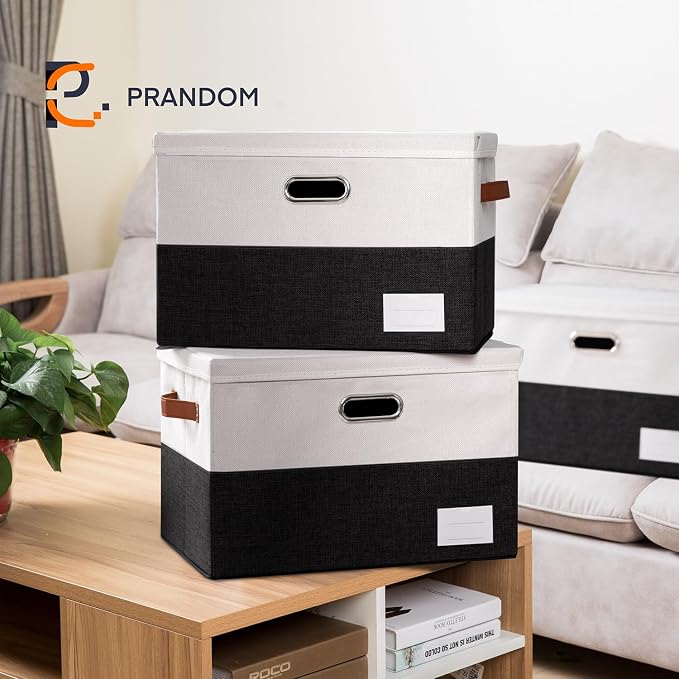 Foldable Storage Bins with Lids [3-Pack] Fabric Collapsible Storage Boxes Baskets Cubes Containers with Handles for Closet Living Room Bedroom (Black & White 17.7x11.8x11.8'') - Image 2
