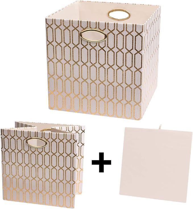 Posprica Storage Bins, Storage Cubes, 11×11 Fabric Drawers Organizer Basket Boxes Containers (11×11×11/4pcs, Cream/gold geometry Pattern) - Image 2