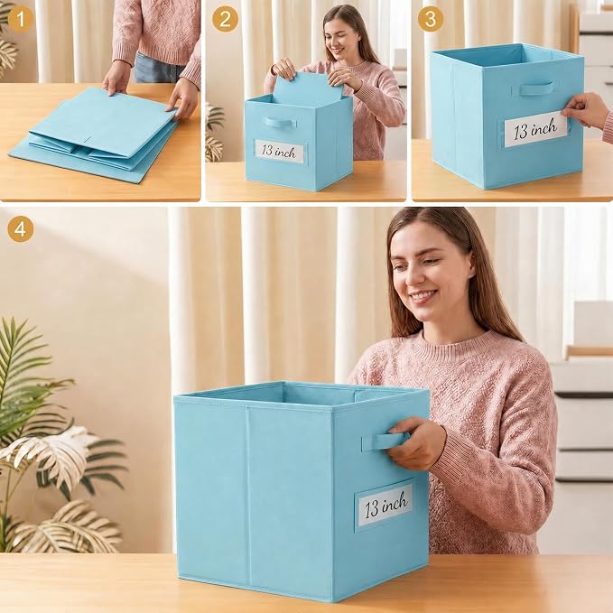 Storage Bins,13 Inch Cube Storage Bin with Labels,6pcs,Sky Blue | Fabric Storage Cubes for Shelves,13 Inch storage cube bins with 6 Labels Window Cards & a Pen. - Image 5