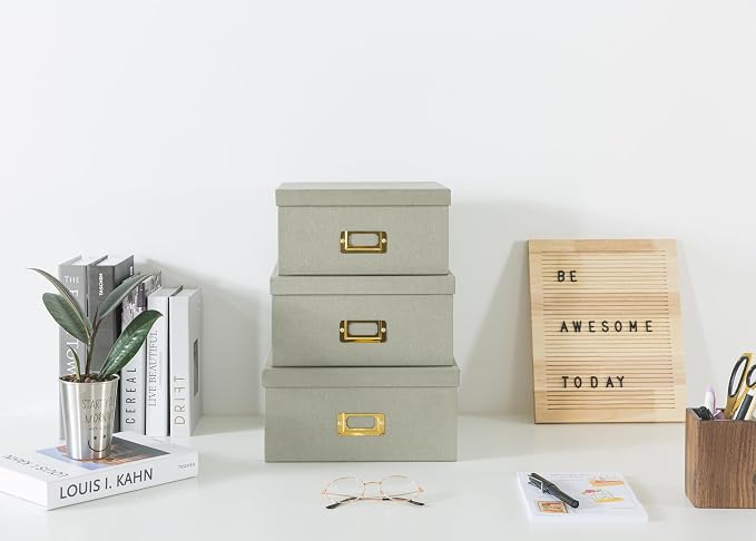 Soul & Lane - Gray Decorative Photo Storage Boxes with Lids, Set of 3 | Square Stacking Kraft Storage with Gold Label Holders, Nesting Cardboard Memory Boxes for Cards, Desk and Home Decor - Image 2