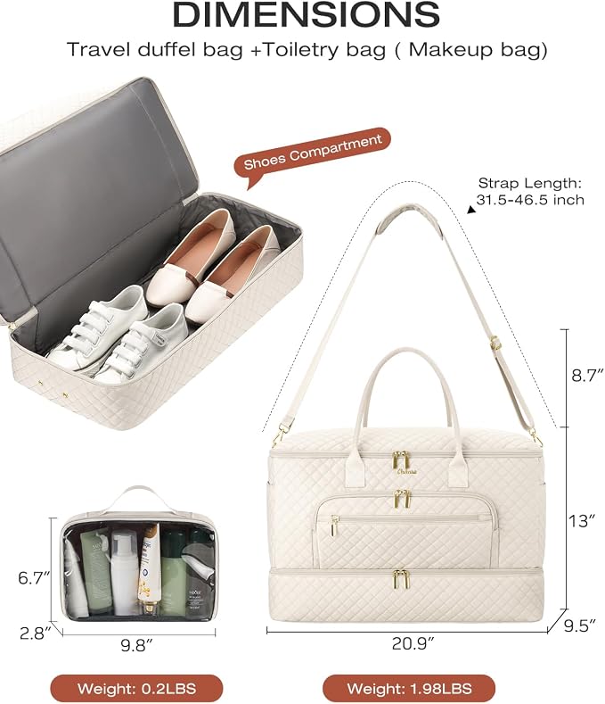 Travel Duffle Bag, Wide Open Large Weekender Bag for Women with Shoe Compartment, Carry on Overnight Bags with Toiletry Bag, Hospital Bag for Women Labor Delivery with Wet Pocket (Cream) - Image 4