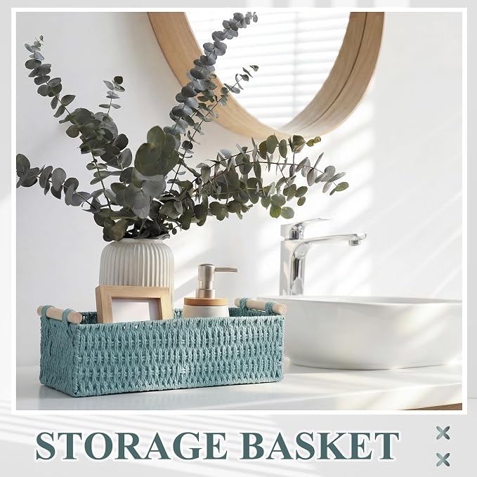 Boao 3 Pcs Boho Storage Wicker Baskets Handmade Woven Decorative Paper Rope Baskets for Organizing with Handle Countertop Toilet Paper Storage Container for Toilet Tank Top(Grey Blue,Rectangle) - Image 5