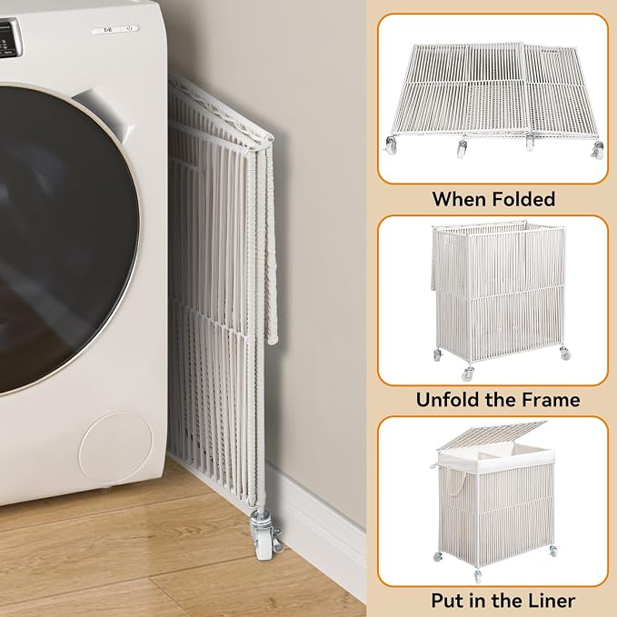 WOWLIVE Rolling Laundry Basket Wheels, Handwoven Laundry Hamper with Lid | Double Clothes Hamper with Divided Removable Bag, 115L Large Laundry Sorter 2 Section, Laundry Room Organization, White - Image 7