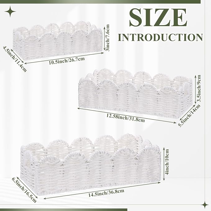 Boao 3 Pcs Boho Storage Wicker Baskets Handmade Woven Decorative Paper Rope Baskets for Organizing with Handle Countertop Toilet Paper Storage Container for Toilet Tank Top (White,Fan-shaped) - Image 2