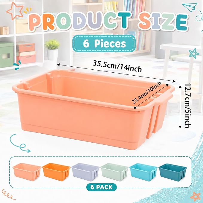 6 Pack Plastic Book Bins For Classroom Stackable Classroom Organizer with Handle Cubby Bins for School Library Office Home Nursery Playroom Organization(Boho) - Image 2