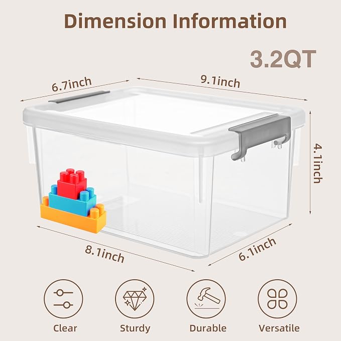 8Packs 3.2Qt Small Clear Storage Bins with Lids, Plastic | Containers with Lids for Crafts, Beads, Stationery, Toys and Accessories. Stackable to Save Space at Home,Office - Image 2