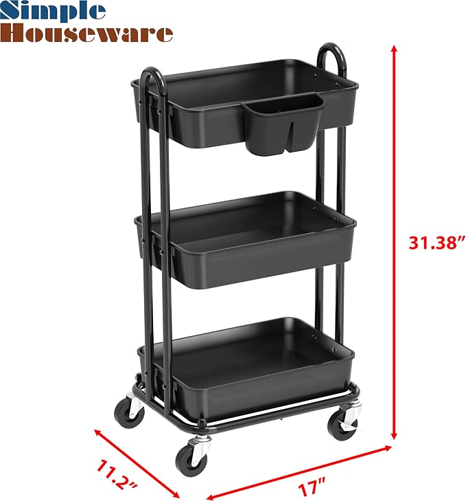 Simple Houseware 3-Tier Rolling Utility Cart with Hanging Bucket, Black | Storage for Bathroom, Kitchen, Office, Study Room, Nursery Diaper - Image 3