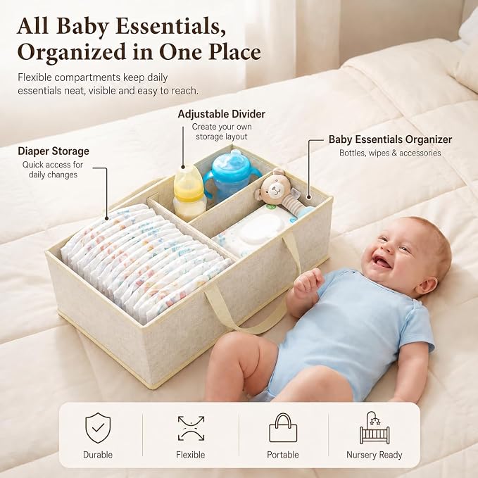 Baby Diaper Caddy Organizer Cart with Adjustable Shelf and Detachable Dividers, Off-White 3 Tier Rolling Storage Cart Metal on Wheels, Bedside Trolley Carts for Baby Essentials, Nursery, Newborn Stuff - Image 5