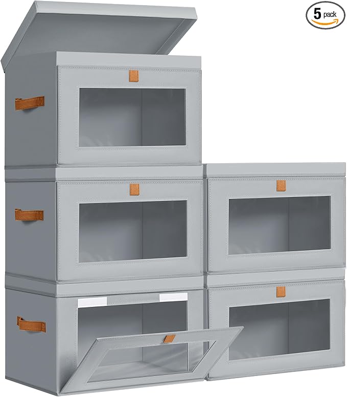 DIMJ Storage Bins with Lids - 5 Pack Fabric Closet Organizer with Window & Handles, Collapsible Decorative Storage Boxes for Shelves Under Bed, Books Clothes Blankets Sweaters Organization by DiMJ