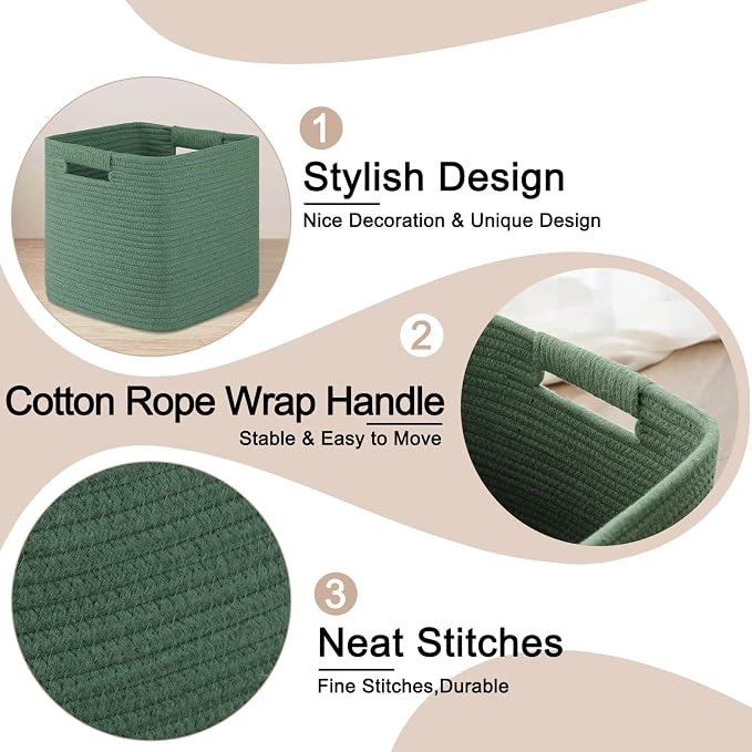 OIAHOMY Storage Cubes 11 Inch Storage Bins-3 Pack, Cotton Rope Woven Baskets for Organizing, Square Baskets for Shelves Organizer, Classroom, Toy Basket, Green - Image 4