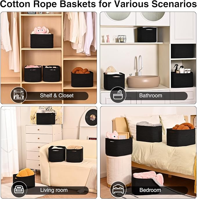 Small Storage Baskets for Organizing Shelves, Cotton Rope Basket for Storage, Cute Rectangular Book Toy Bins, 12.7"×9.1"×7.9", 4 Packs, Black - Image 4
