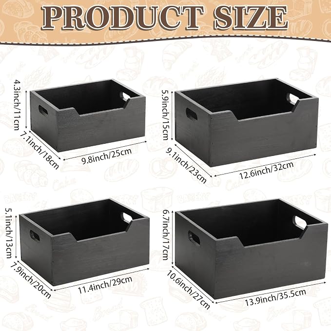 4 Pack Wood Crates Nesting Storage Baskets Decorative Farmhouse Wooden Organizer Crates Boxes with Open Front and Handle Rustic Nesting Baskets for Fruit Vegetable Kitchen Bathroom (Black) - Image 2