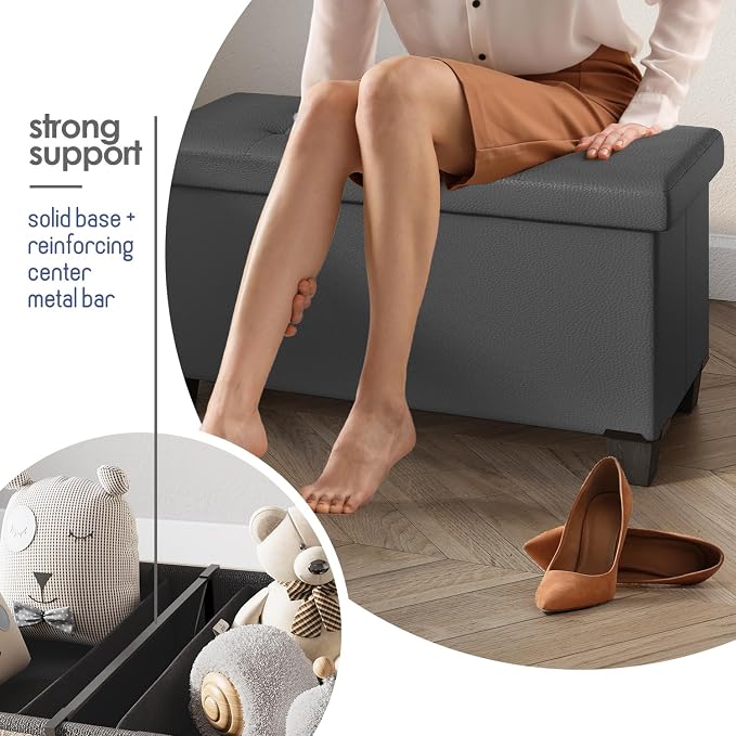 Storage Ottoman Bench with Bins, 30-in Storage Bench for Bedroom End of Bed, Folding Foot Rest Ottoman for Living Room Max 660lbs, Faux Leather Ottomans, Grey - Image 6