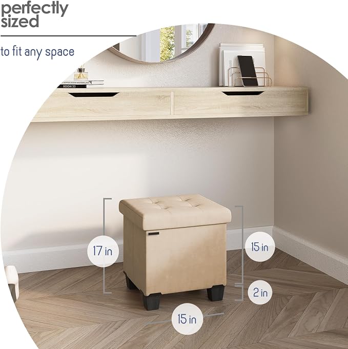 Storage Ottoman Cube with Small Bin, 15-in Square Ottoman with Storage for Living Room and Bedroom, Small Ottomans Foot Rest, Velvet Foot Stools Ottomans Max 330lbs, Taupe - Image 9