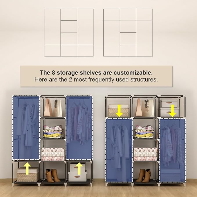 51" Portable Wardrobe Closet, Clothes Organizer, 8 Shelves 2 Rods, Black - Image 4