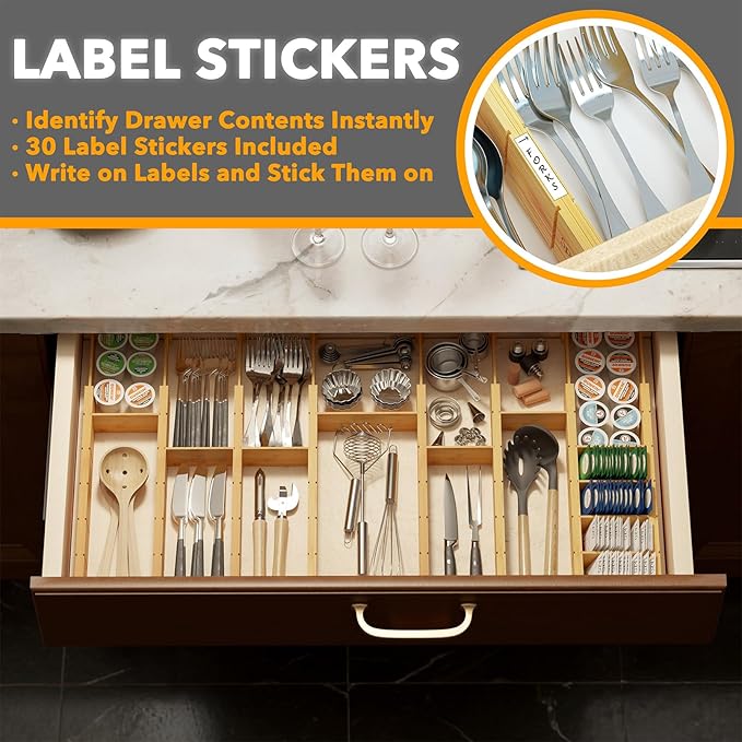 SpaceAid Bamboo Drawer Dividers with Inserts and Labels, Kitchen Adjustable Drawer Organizers, Expandable Organization for Home, Office, Dressers, 10 Dividers with 24 Inserts (17"-22" Natural) - Image 3