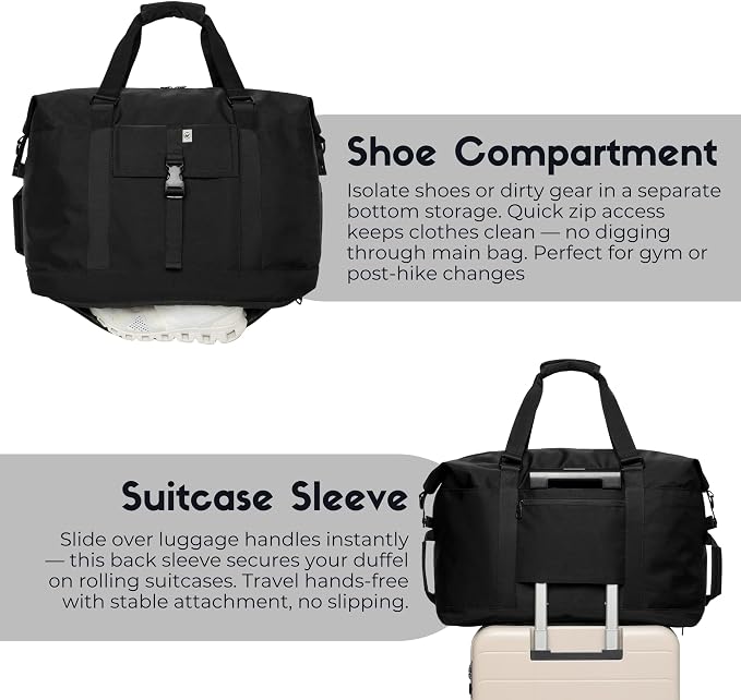 Duffel with Utility Pouch, 40L Weekender Overnight Bag with Shoe Compartment for Travel and Sports (Black) - Image 6