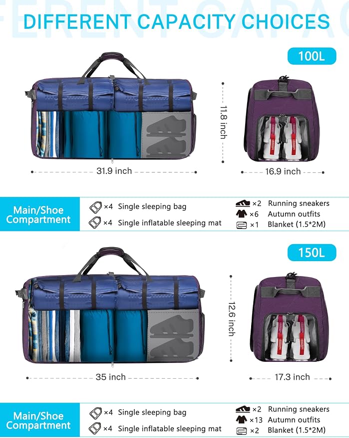 Gonex 100L Foldable Travel Duffle Bag with Shoe Compartment, Lightweight | 210D Nylon, Water-Repellent, Folds Compact, Multiple Pockets, Luggage Sleeve,Family Travel & Camping, Purple - Image 4