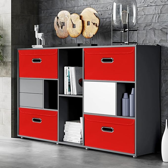 Linen Fabric Foldable Collapsible Storage Cube Bin Organizer Basket Fabric Storage Bins with Lid, Leather Handles, Removable Divider for Home, Closet, Red 3Pcs - Image 4