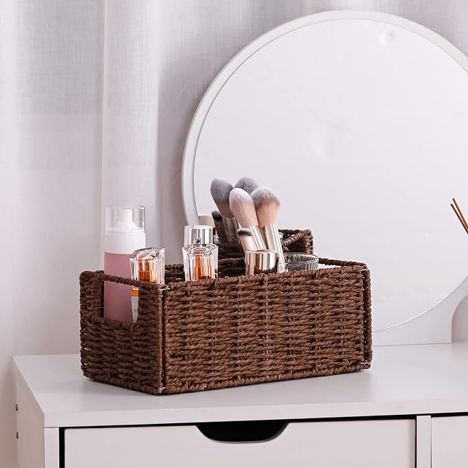 Wicker Storage Basket, Set of 2 Hand-Woven Paper Rope Wicker Basket, Small Storage Baskets for Organizing Toilet Paper, Foldable Large Cube Storage Organizer Bins for Shelves (Brown) - Image 6