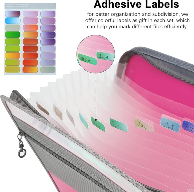 NAFY Expanding File Folders, 2Pack 13 Pockets Document Organizer with Zipper, A4 Letter Size Portable Accordion Expanding File Folders with Multicolor Labels for Office School Supplies (Black+Pink) - Image 5
