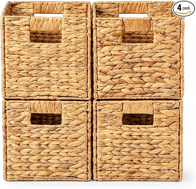 4 Decorative Hand-Woven Water Hyacinth Wicker Storage Basket, 9x9x9 by Westerly