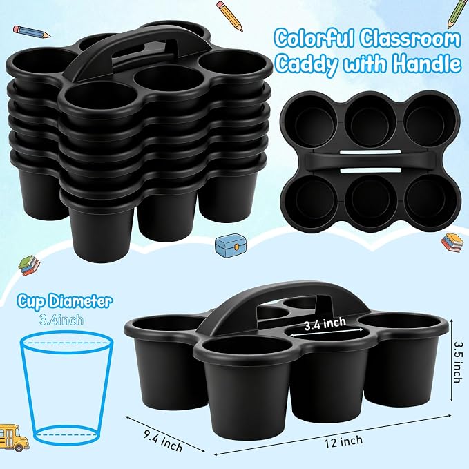 Novabright 12 Pack Classroom Caddy, Stackable Plastic Caddy Storage Basket with Handle for Kids, Table Desk Office Arts, Crafts, Crayon, Marker, Pencil, School Supplies (Black) - Image 3