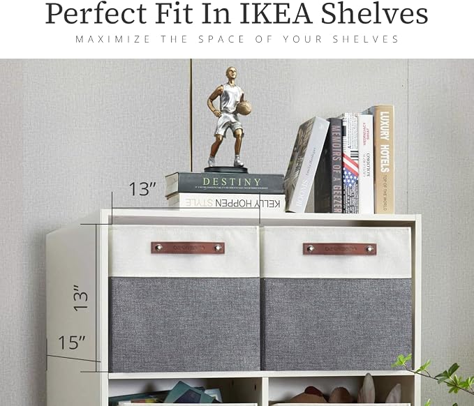 DECOMOMO Kallax Storage Cubes, Storage Baskets for Shelves 3-Pack | 13 x 15 x 13 Storage Bins, Baskets for Organizing Shelves (Grey & White) - Image 3
