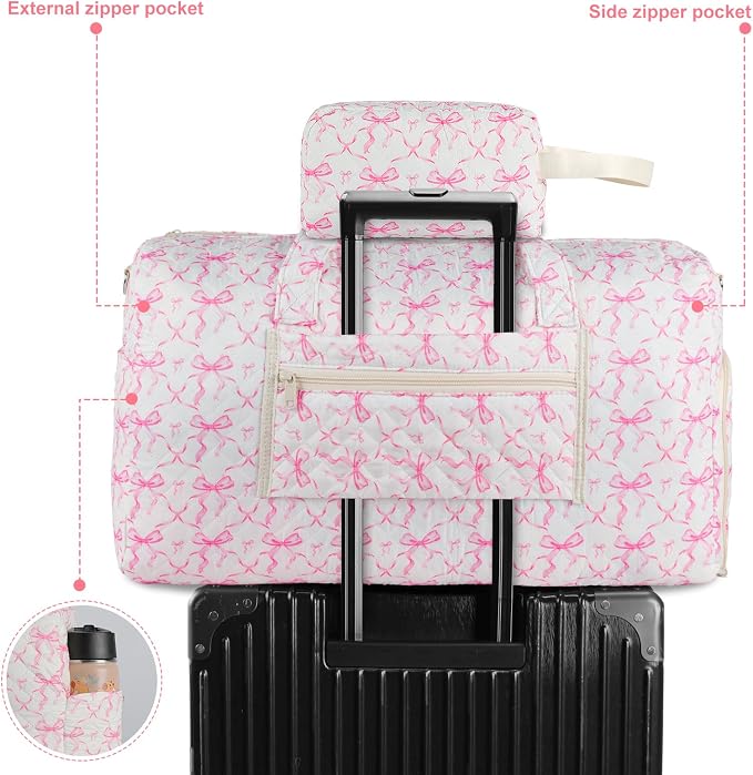 Quilted Pink Bow Duffel Bag 2 Pack Weekender with Shoe Compartment | Pink Bow Quilted Travel Duffel for Women, Carry On Overnight Bag with Toiletry Pouch, Hospital Bag for Labor Delivery & Gym - Image 4