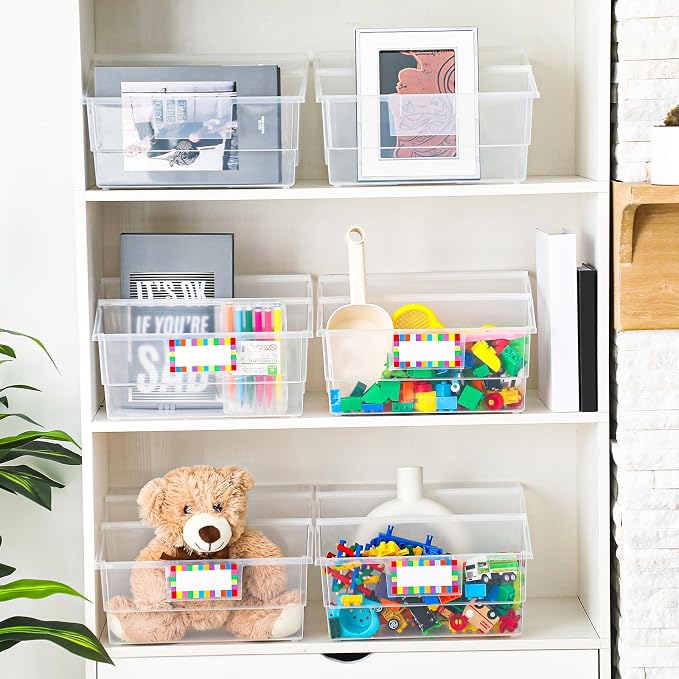 Lineshading 6 Pack Picture Book Organizer Bins with Dividers Large Plastic Book Holders with Labels Multi Purpose Classroom Organization Bins Storage Container(Clear,13.5 " X 13.5 " X 7.75") - Image 6