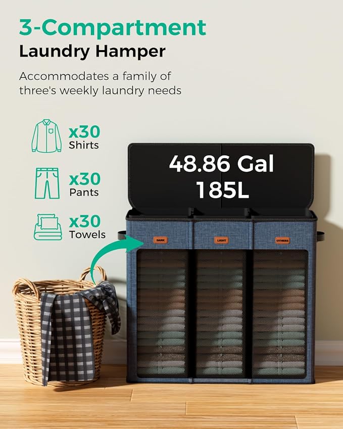 185L Laundry Hamper 3 Section with Lid & Removable Bags | Collapsible laundry basket organizer for laundry room, bedroom & dorm with 3 removable washing bags - Image 5
