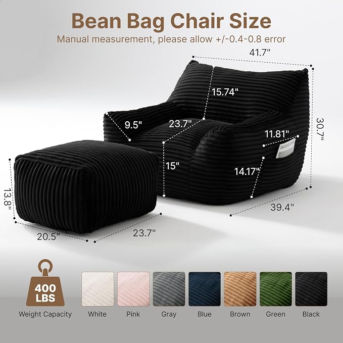 Oversized Bean Bag Chair with Ottoman, Bean Bag Couch with 2 Side Pockets, Corduroy Boneless Couch Chair in a Box, Comfy Lounge Chair for Living Room, Bedroom, Dorm, Black - Image 2
