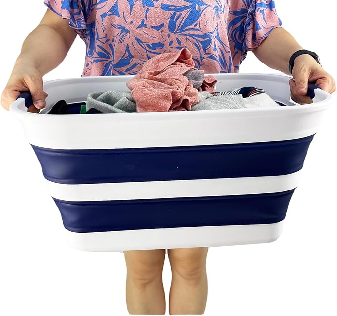 SAMMART Collapsible Plastic Laundry Basket with Handle/Foldable Pop Up Storage Hamper/Portable Laundry Organizer-Space Saving Washing Tub/Household Storage (White/Starry Blue, 27L) - Image 7