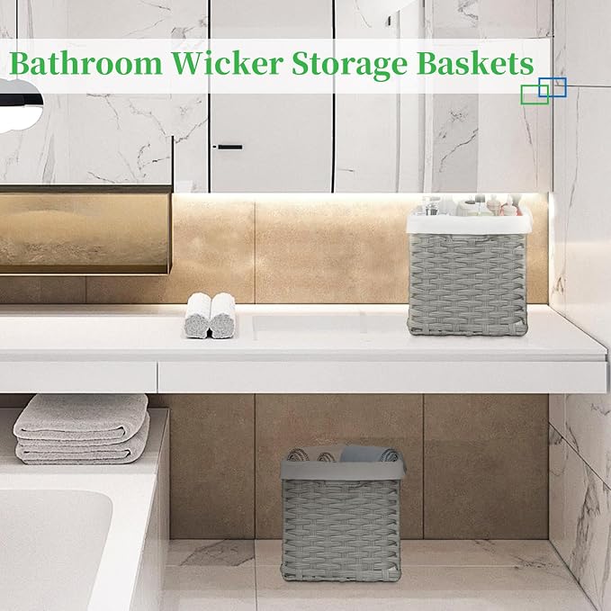 Bidtakay Wicker Cube Baskets with Liners Cube Storage Organizer for Shelves Closet 11 inch 2 Pack Decorative Hand-Woven Imitation Wicker Storage Bins for Organizing Pantry Bedroom Light Grey - Image 4