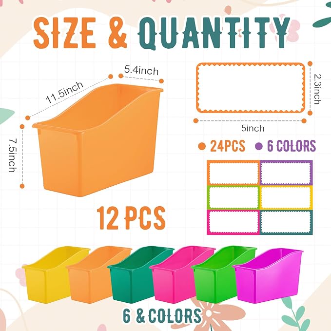 Geetery 12 Pcs Book Bin for Classroom with Labels Stackable Plastic Organizing Bins 11.5 x 5.4 x 7.5 in Book Holders Storage Bins Box Baskets for Classroom Library Home (Bright Color) - Image 2