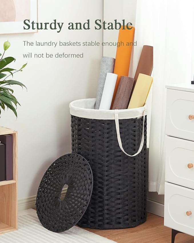 SETVSON Large Laundry Hamper Laundry Basket Round 130L, Black | Decorative PE Rattan Furniture Look for Bedroom, Round Laundry Hamper, Removable Liner Bag, 2 Mesh Bags, Handles - Image 6