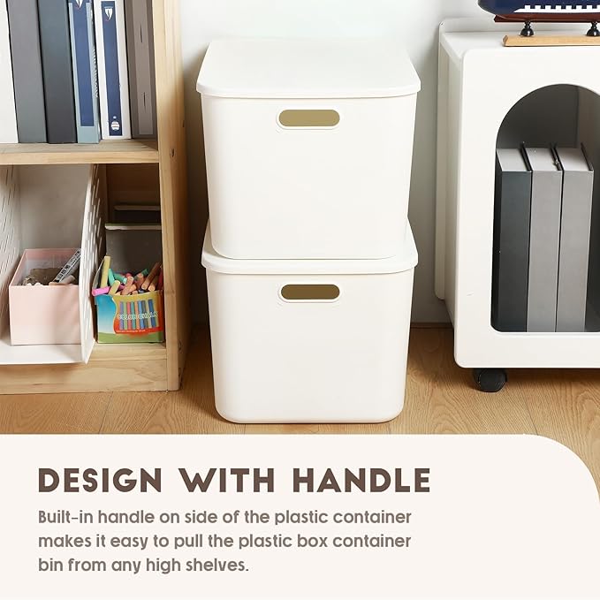 8 Pieces White Plastic Storage Bins with Lids, Stackable Storage baskets with Handle Containers Box for Shelves Drawers Desktop Playroom Classroom Office Organization(16 x 12 x 9.7 Inches) - Image 5