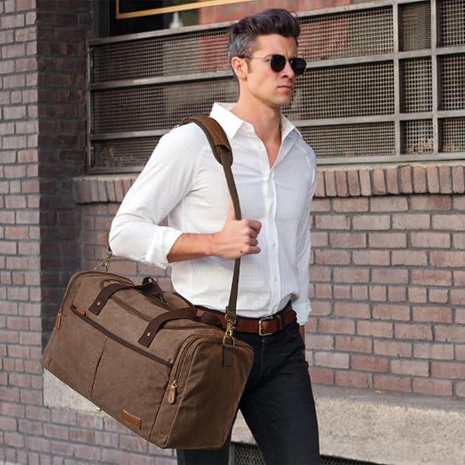 S-ZONE Canvas Travel Duffel Bag Weekend Overnight Bag for Men and Women | Water-resistant, X-Large Size, Multi-Pockets, Removable Shoulder Strap, for Gym or Travel, Coffee - Image 2