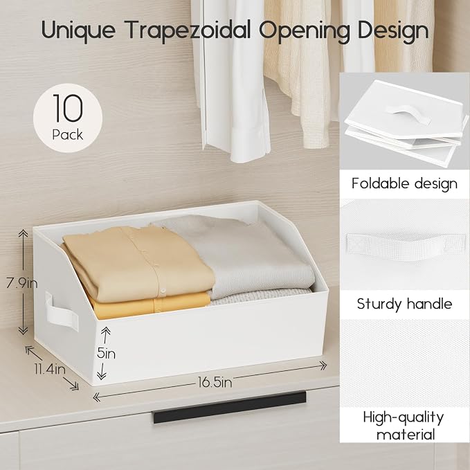 Large Closet Organizers and Storage Bins - 10 Pack Trapezoid Storage Baskets for Shelves, Foldable Fabric Baskets with Handles Ideal for Closet, Basket, Wardrobe and Shelf Storage, White - Image 2