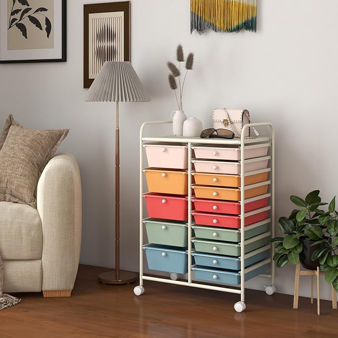 15 Drawer Rolling Storage Cart, Rolling Cart with Drawers for Classroom, Art Supply Craft Organizer on Wheel with Metal Frame & Handles for Home Office School - Image 7
