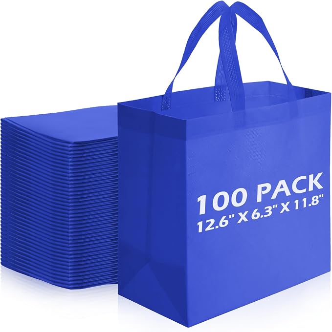 Reginary 100 PCS Non Woven Tote Bags Bulk,Blue | Reusable Shopping Bags with Handles, Stores, Groceries Markets, Events Gift, Party Supplies by Reginary