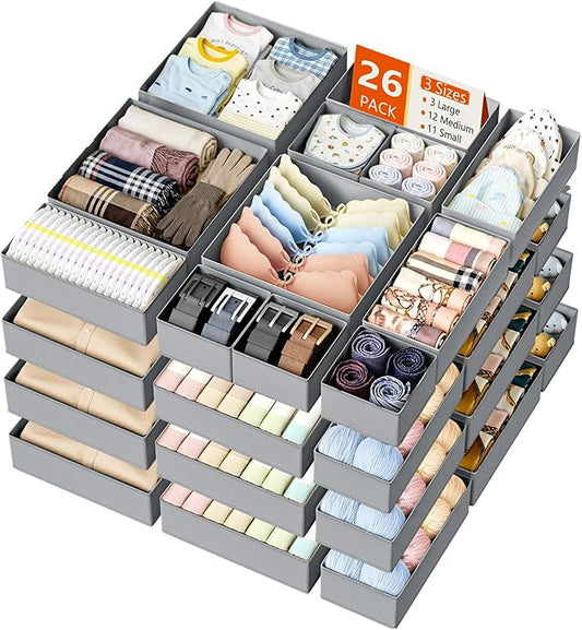 DIMJ Drawer Organizer Clothes Storage - 26 Pack Baby Dresser Organizer for Nursery, Foldable Closet Drawer Organizer Bins for Bedroom Organization, Fabric Storage Dividers for Socks, Underwears, Bras by DiMJ
