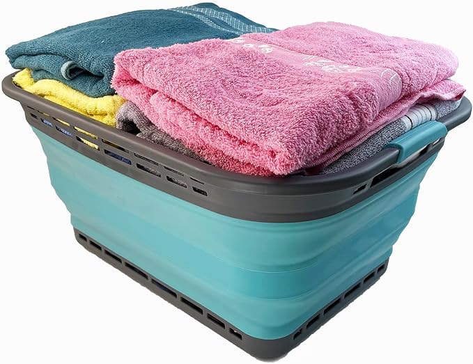 SAMMART 42L (11 Galloons) Collapsible Plastic Laundry Basket - Foldable Pop Up Storage Container/Organizer - Portable Washing Tub - Space Saving Hamper/Basket [BPA Free] (Grey/Crystal Blue) - Image 5
