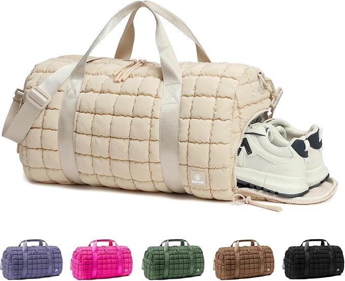 Quilted Gym Bag for Women,Duffle Bag for Travel with Wet Pocket,Carry on Weekender Bags for Women,Travel Bag with Shoe Compartment(Beige) by DOYOGI
